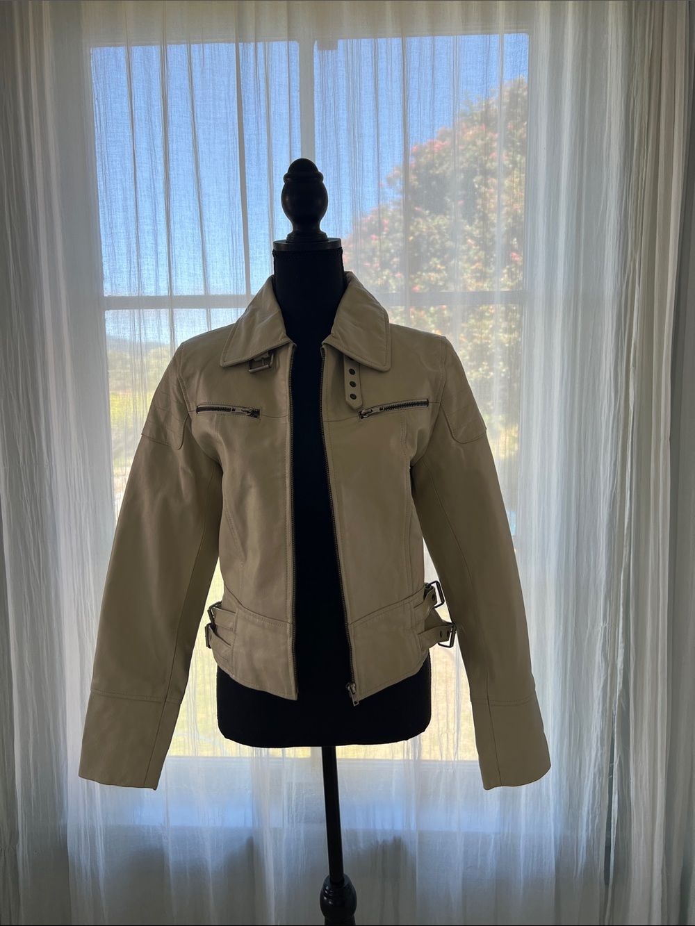 Volcom Cream Leather Zip Front Jacket with Buckle Sides